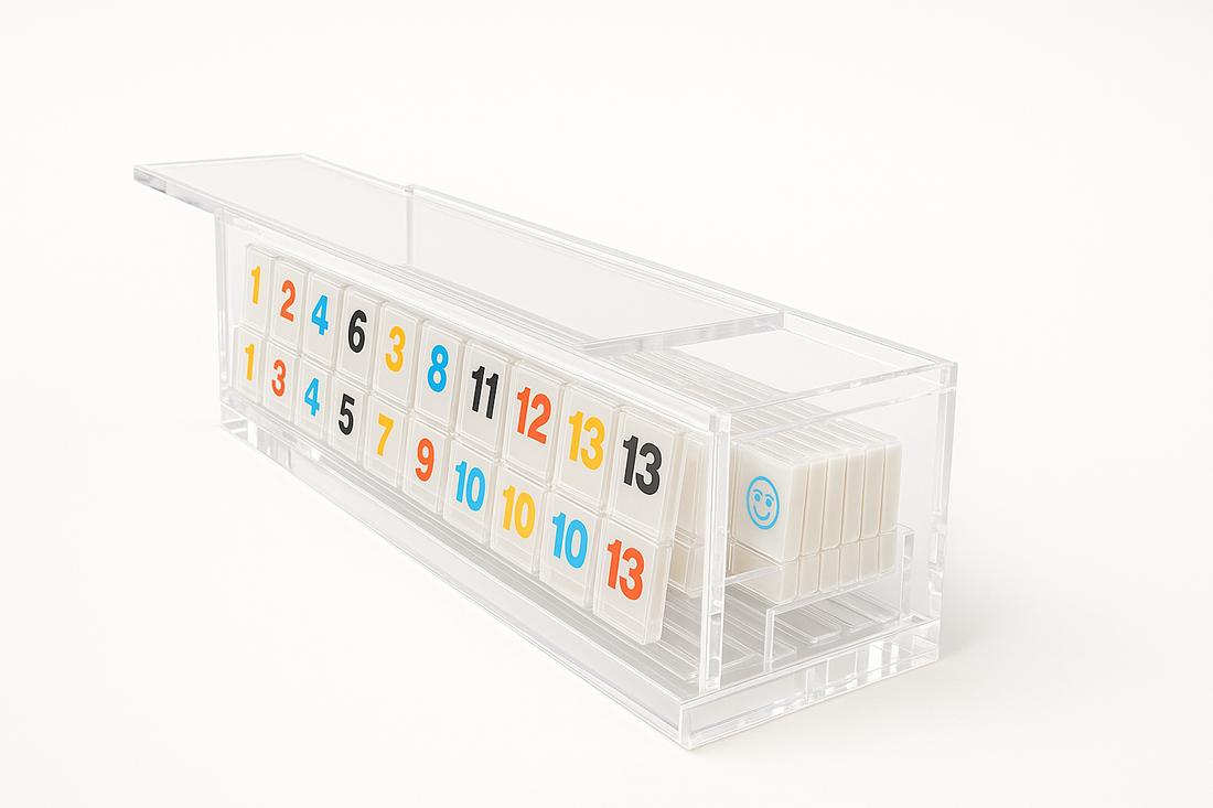 Angled side view of lucite Rummikub case with acrylic tiles on white background