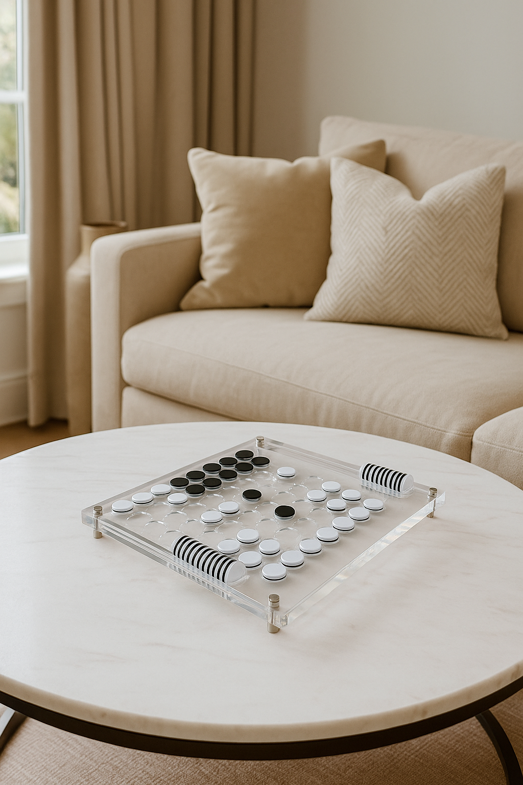 Lucite acrylic Othello game board with black and white discs in starting position