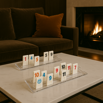 Lucite Rummikub game styled on a marble coffee table with fireplace in background