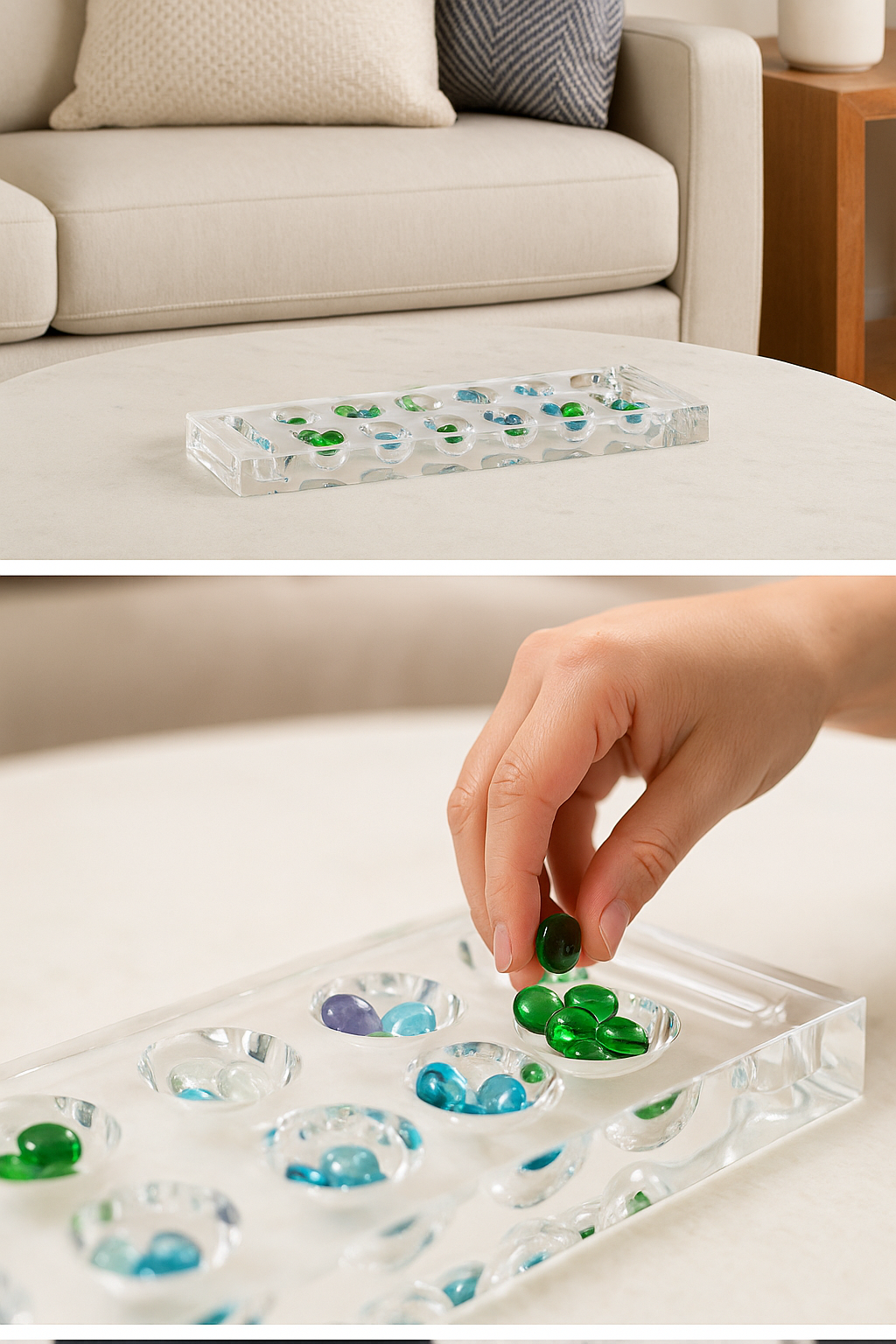 Close-up of translucent playing stones in acrylic Mancala tray