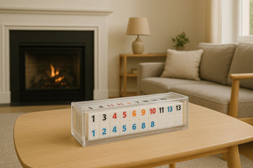 Lucite Rummikub game in clear acrylic case displayed in modern living room with fireplace