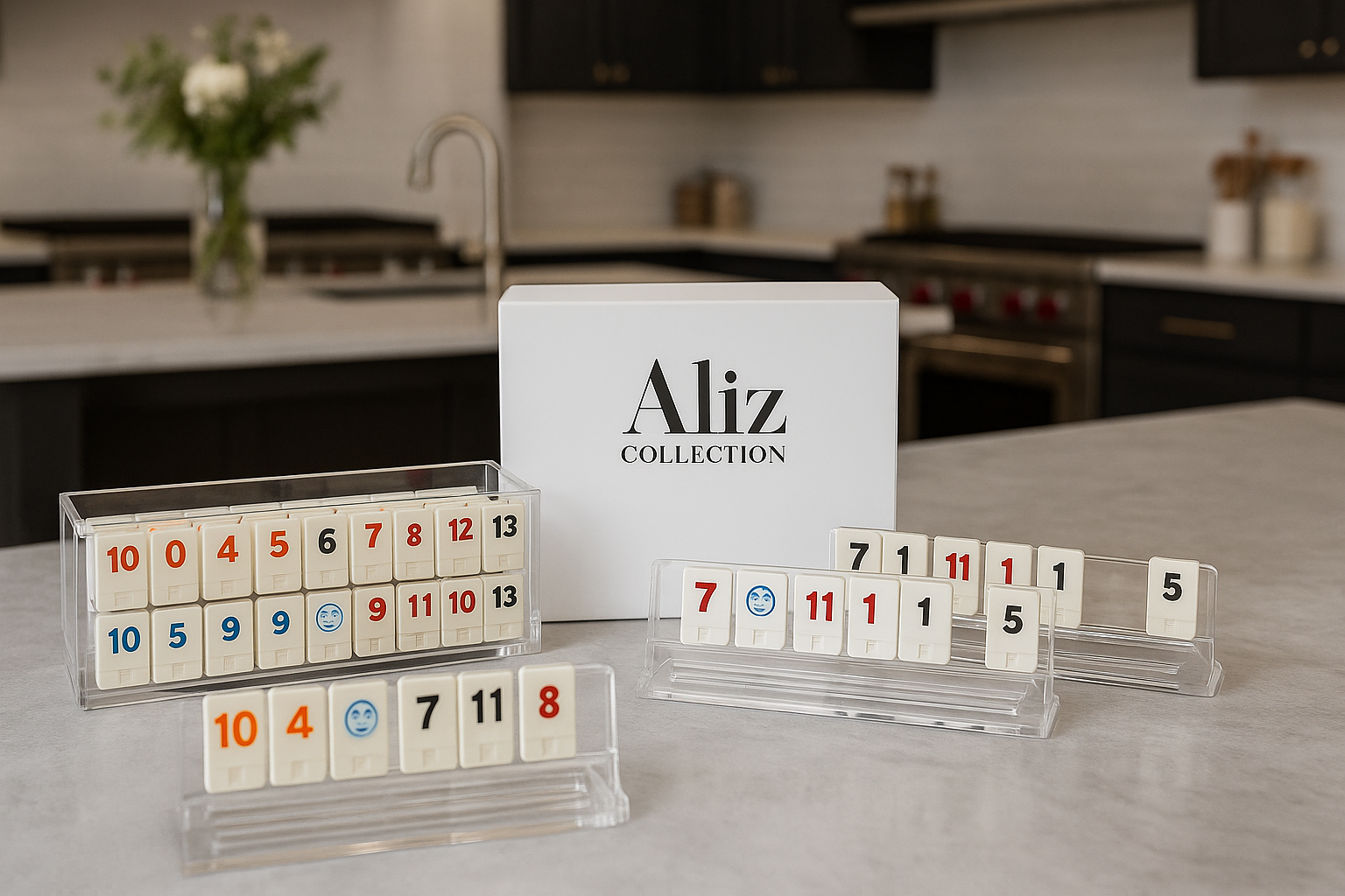 Lucite Rummikub game fully displayed with Aliz Collection packaging box in background