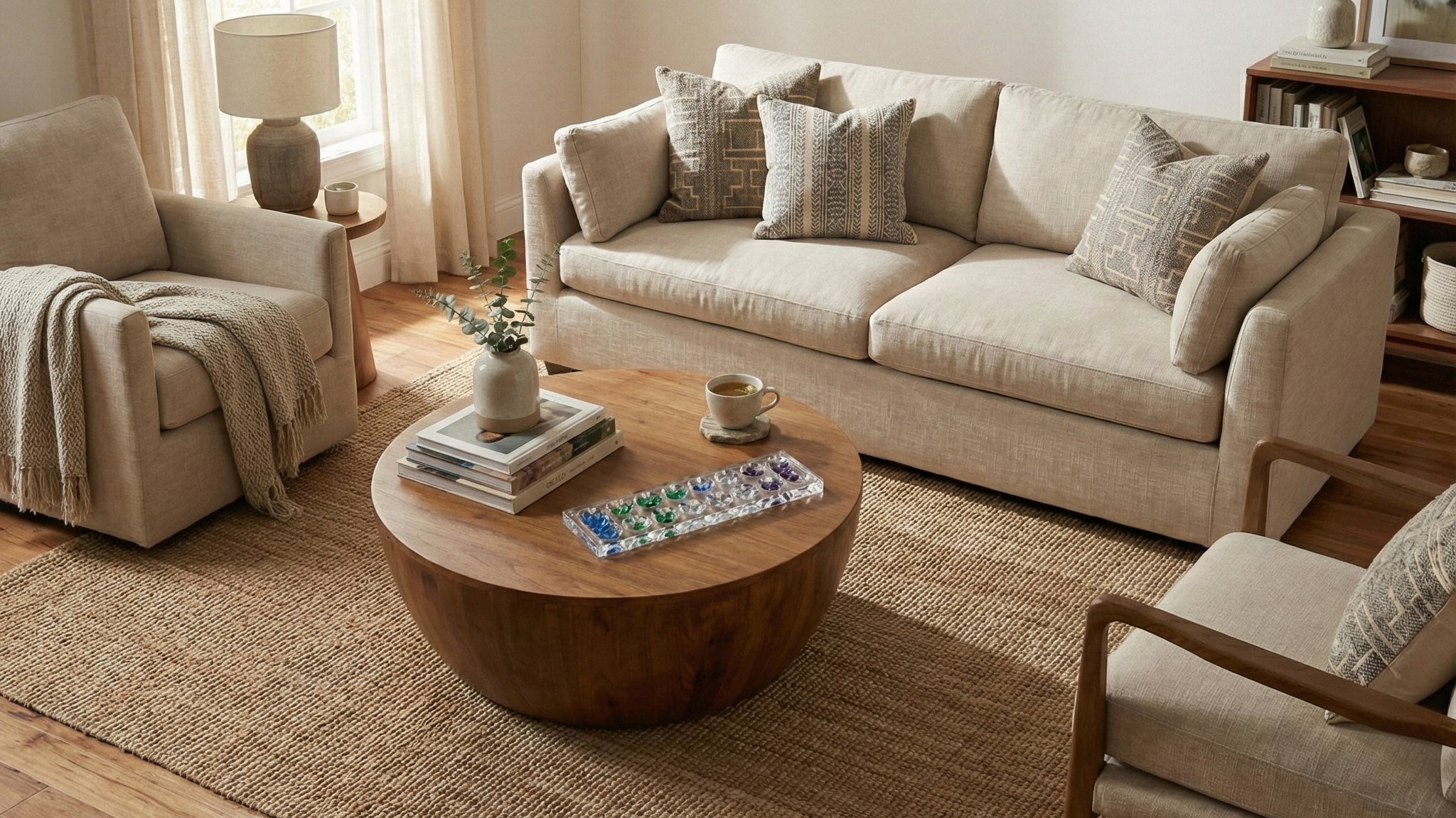 Warm neutral living room with beige sofa and chairs, round wooden coffee table, woven rug, and a clear acrylic mancala game displayed as modern coffee table decor.1621243260e1af0c20-0