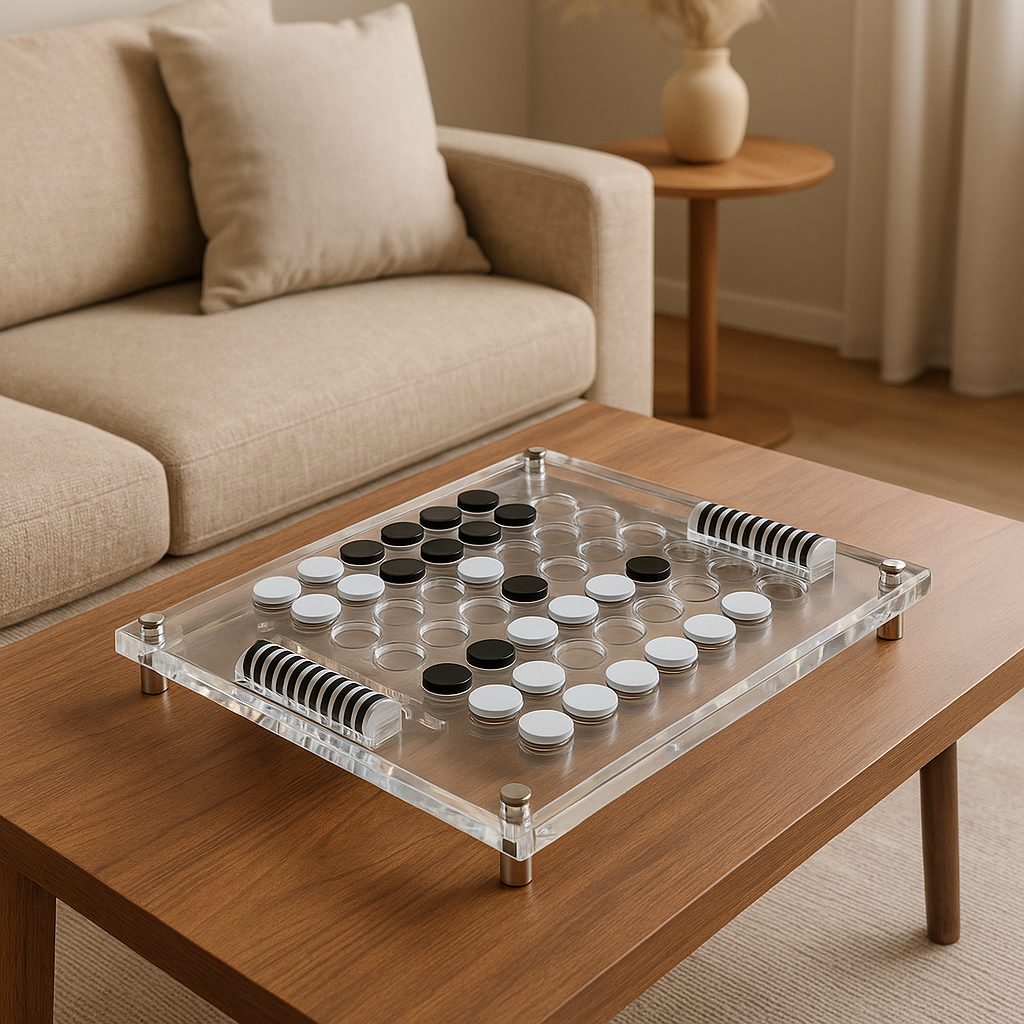 Close-up of black and white discs on clear acrylic Othello board
