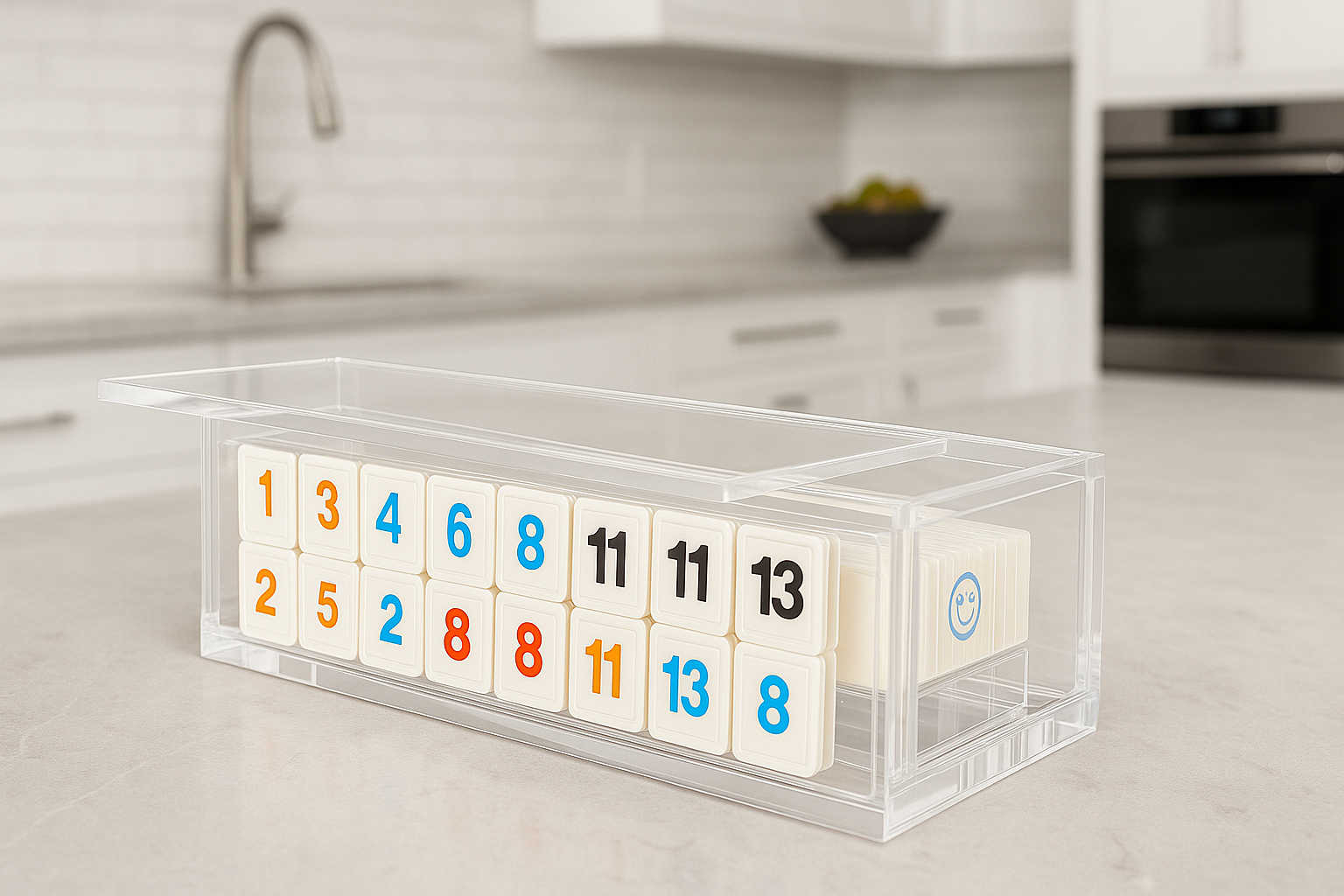 Lucite Rummikub set displayed open on a bright white kitchen countertop

